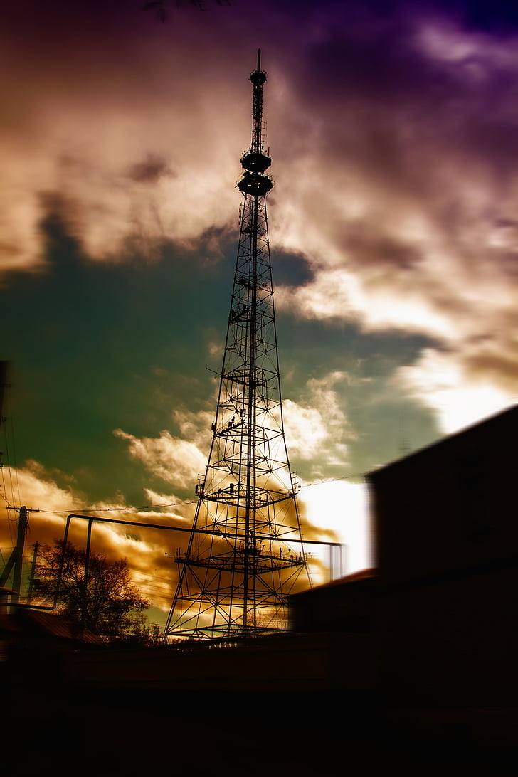 телевизионна кула, вечерта, облаците, технология, кула, комуникация