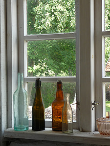 window, bottles, glass, still life, window sill, white, antique