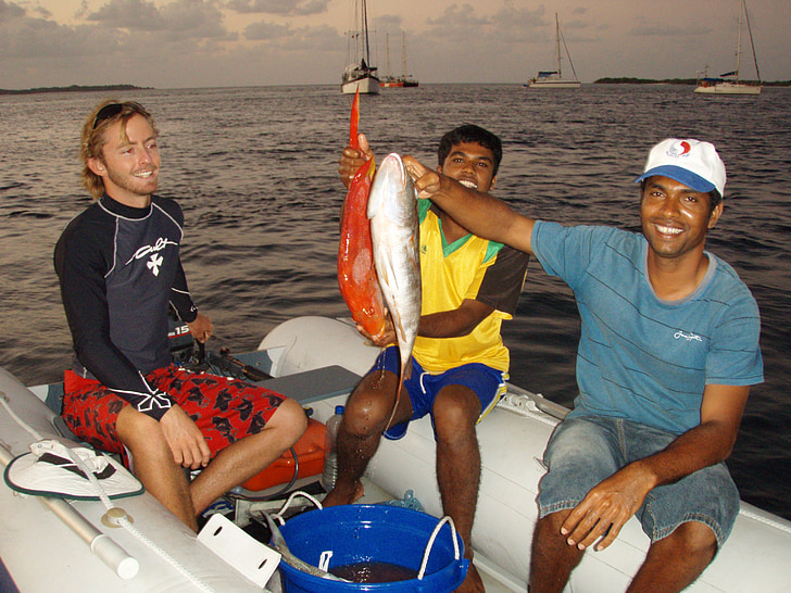 fiske, pojkar, båt, skymning på vatten, Maldiverna, havet, nautiska fartyg