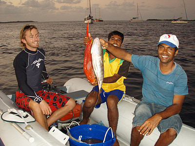 pescuit, băieţi, barca, amurg pe apa, Maldive, mare, navă marine