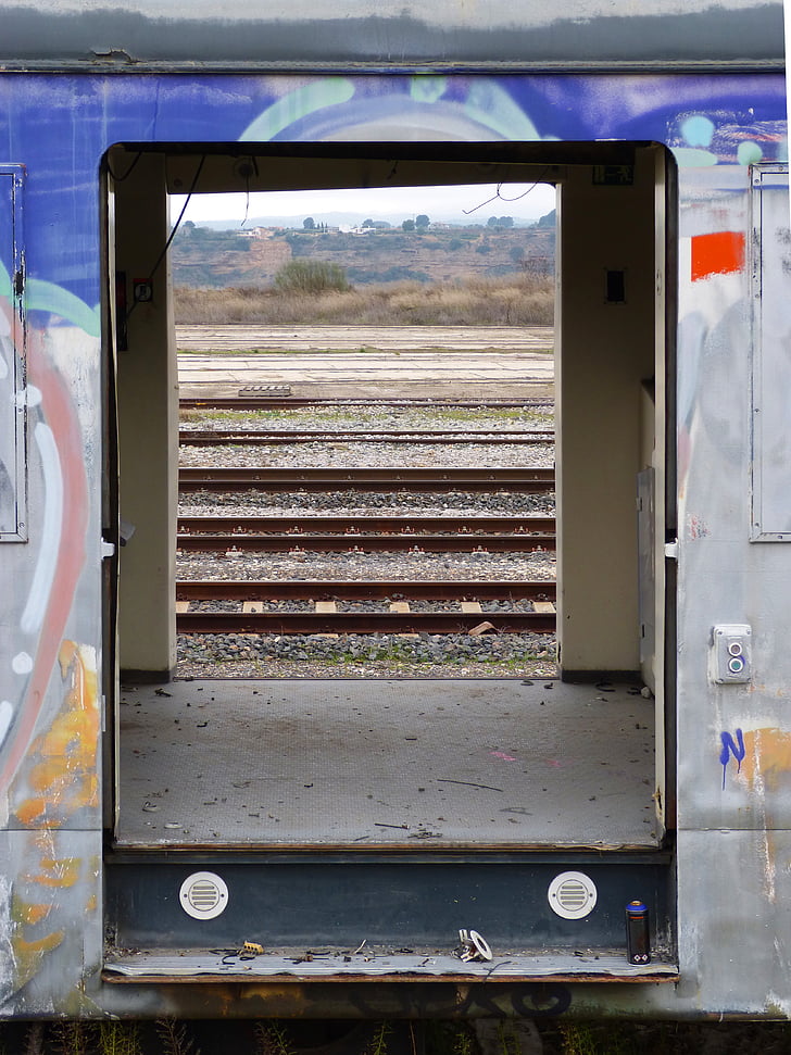 train door, abandoned, vandalism, painted, railway, graffitti, wagon