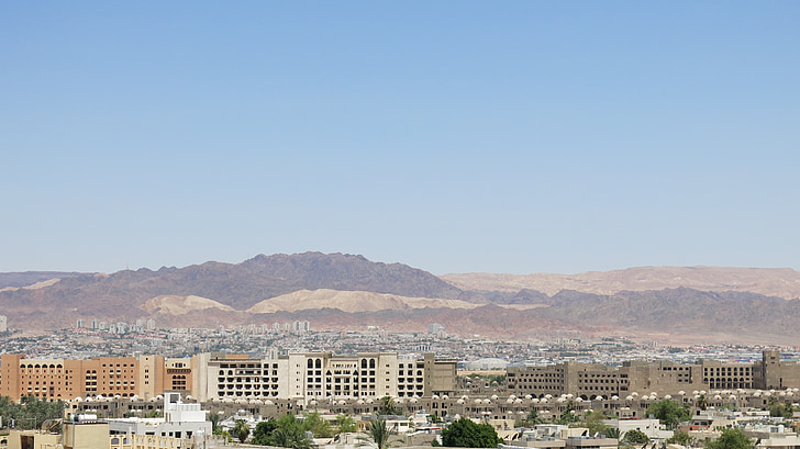 Jordanië, Aqaba, Panorama, berg, gebouw, hemel, heuvel