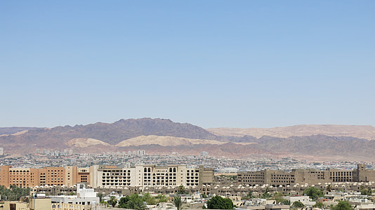 Jordânia, Aqaba, Panorama, montanha, edifício, céu, colina