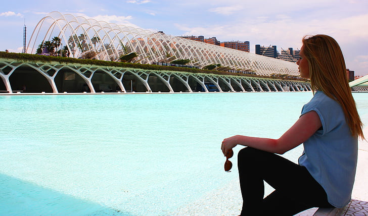 città scienza, Valence, ragazza, donna, Calatrava, città delle arti e delle scienze, Turia