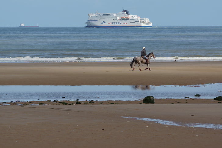Koń, Plaża, Beach rider, Reiter, morze, statek, z widokiem na plażę