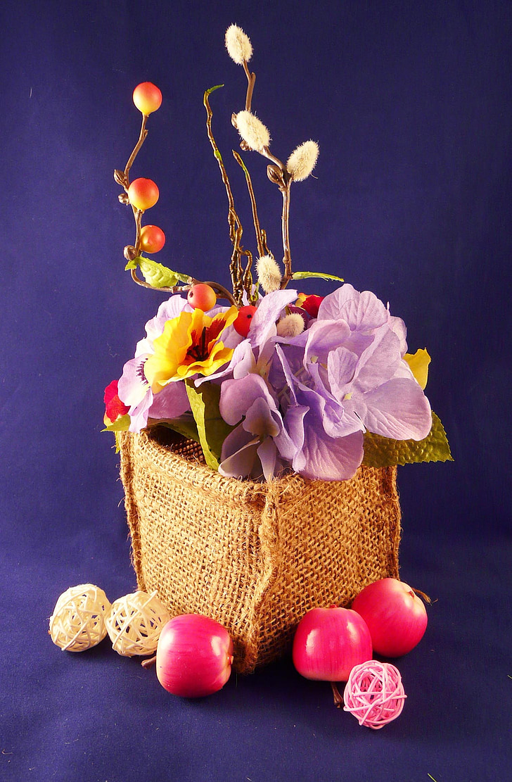 flowers, baskets, blossoms, fruits, appled, red, purple