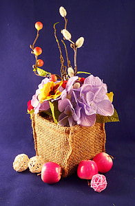꽃, 바구니, 꽃, 과일, 배럴, 레드, 보라색