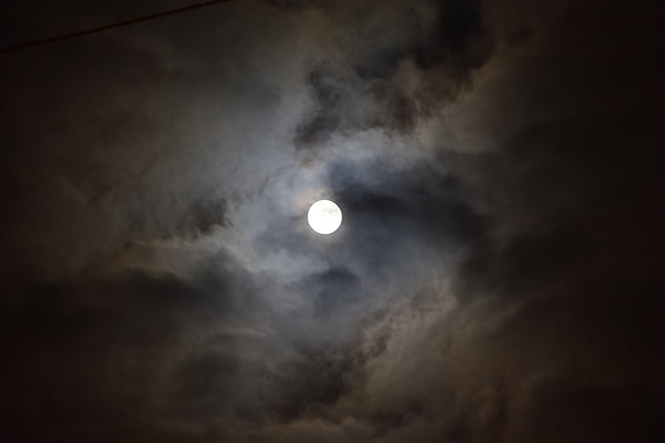 moon, full moon, midnight, clouds, dark, night, cloudiness