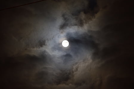 月, 満月, 真夜中, 雲, 暗い, 夜, 曇り