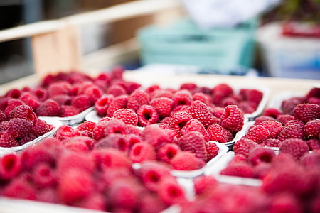 berries, food, fresh, fruits, healthy, market stall, raspberries