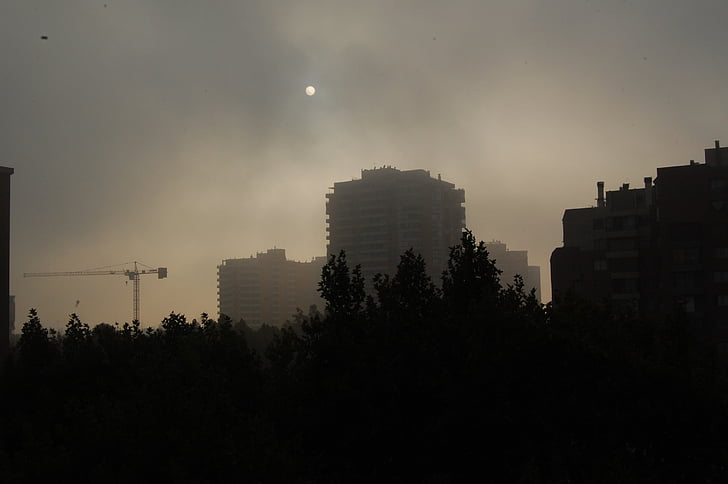 dark city, fog, dark day