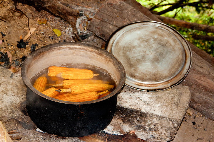 Corn par vālīšu, vārīšanas katlā, ugunskura, verdoša ūdens, kukurūza, dārzeņi, pārtika
