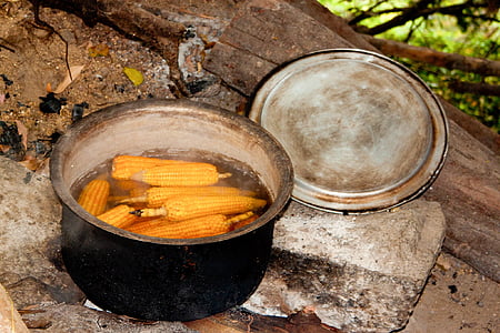PANNOCCHIA, cottura del pot, fuoco di accampamento, acqua bollente, mais, verdure, cibo