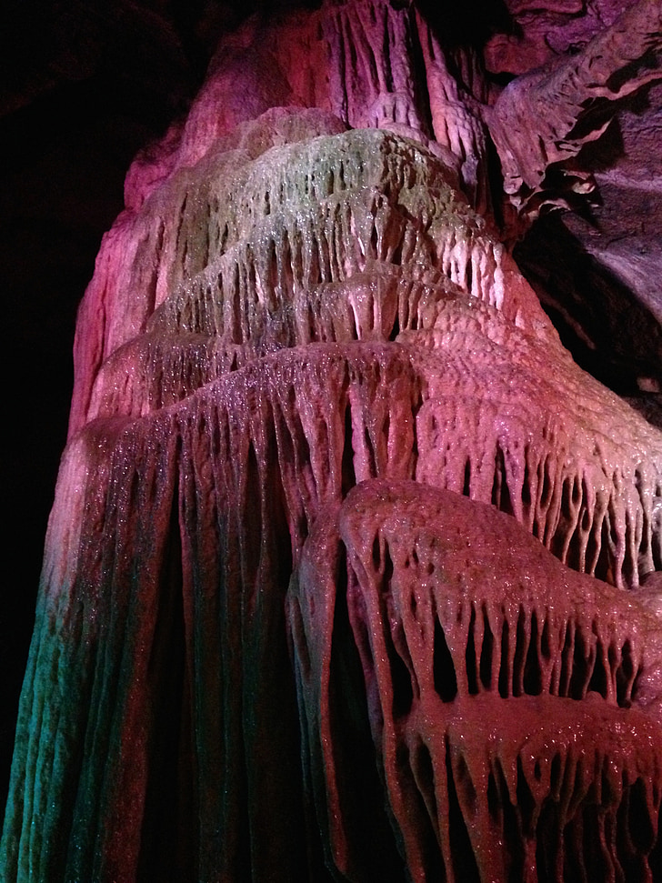 cova, natura, impressionant, fosc, flowstone, vermell, estalagmites