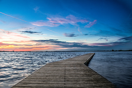 pier, jetty, sunset, landscape, wood, colorful, blue