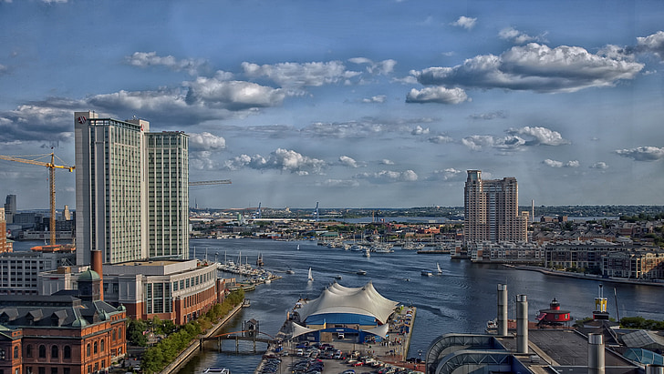 Baltimore, Maryland, scensko, nebo, oblaki, pristanišča, ladje