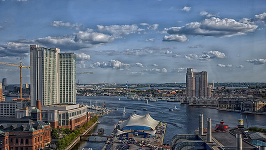Baltimore, Maryland, escèniques, cel, núvols, Port, vaixells