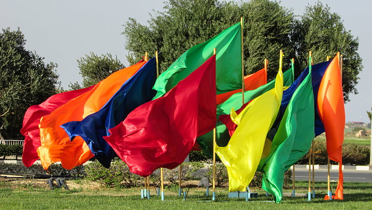 flags, colours, colorful, festivity, carnival, cyprus, paralimni