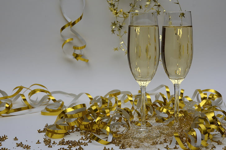Silvestrovo, novoletno voščilo, šampanjec, novo leto, naslanjati, pijača, alkohol