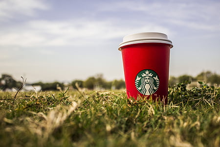 Starbucks, Natal, gramado, café, vermelho, céu, grama