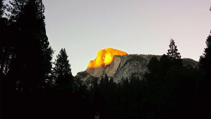Yosemite, kalns, saulriets, meža, Nacionālais parks, California, vakarā