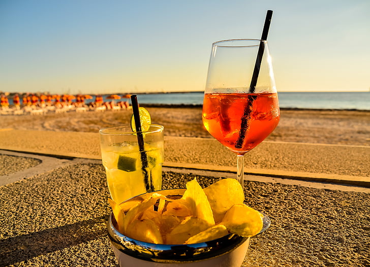 stranden, dryck, havet, solnedgång, semester, sommar, cocktail