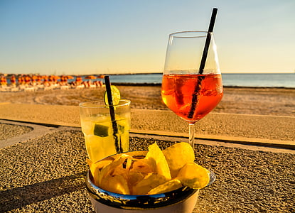 Strand, trinken, Meer, Sonnenuntergang, Urlaub, Sommer, Cocktail