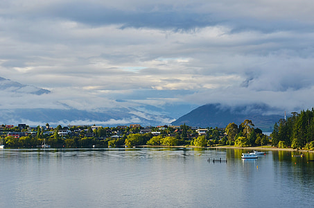 新西兰, 湖, 山, 景观, 自然, 村庄, 云计算