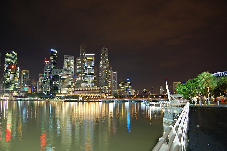 Singapore, htet aung, Bay, nacht, bliksem, stad, wolkenkrabbers
