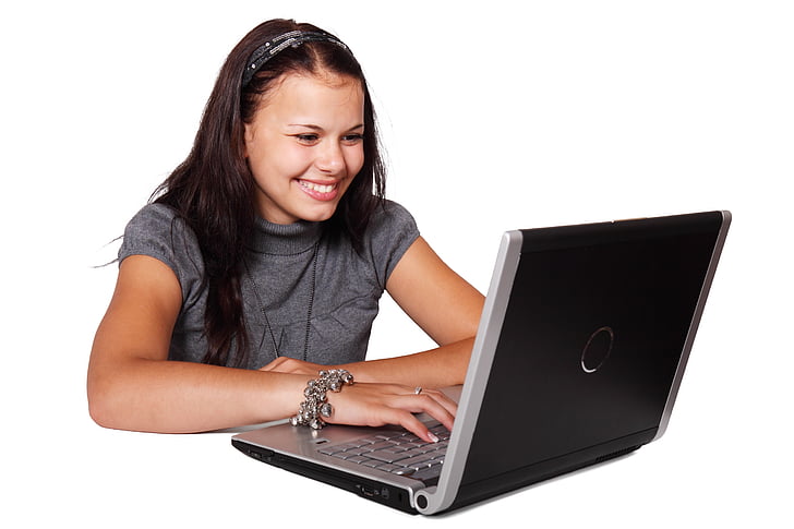 čudovito, računalnik, ženski, prenosni računalnik, model, nasmeh, ženska