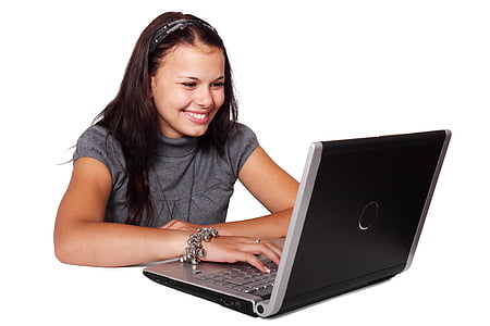 bonica, ordinador, femella, portàtil, model de, somriure, dona