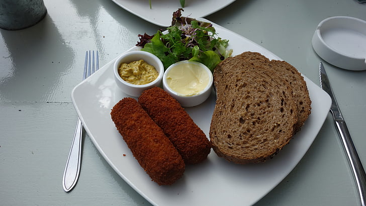 food, bread, slices of bread, brown bread, croquettes, luncheon, holland