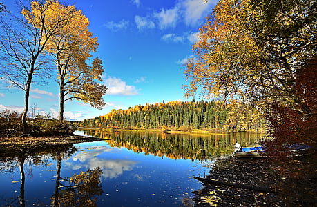 Есен, езеро, пейзаж, дървета, цветове, небе, Размисли