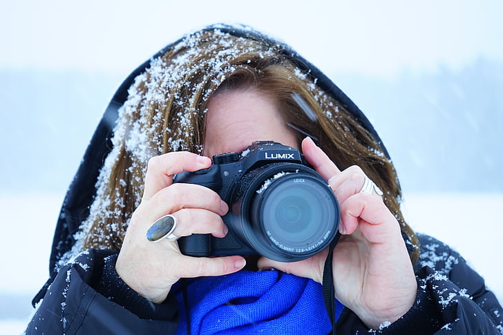 moteris, snieguotas, ledinis, fotografas, nuotrauka, asmuo, žmogaus