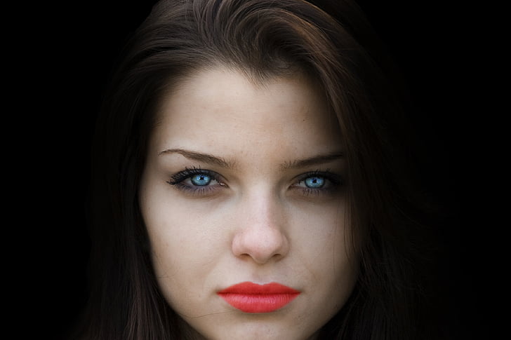 woman, face, beauty, blue eyes, red lips, makeup, women