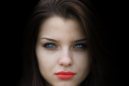 žena, tvár, krása, modré oči, červené pery, make-up, ženy