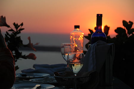 wijn, romantiek, avond, maaltijd, diner, Santorini