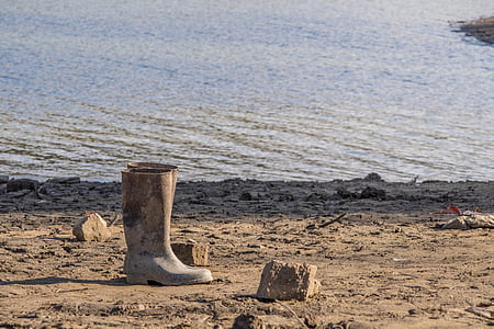 high boot, shoe, bank, beached, water, orlík dam, czech republic