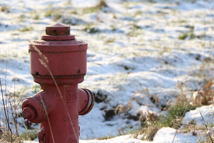 hydrant, rød, Distributør, tilkobling, vann, Vinter