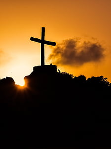 Cruz, colina, puesta de sol, luz del sol, sol, sombras, religión