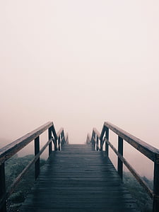 brown, wooden, bridge, fog, cloud, clouds, bridge railing