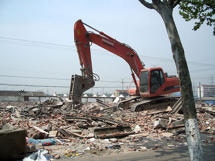 excavator, demolition, heavy equipment, demolish, rubble, site, destruction