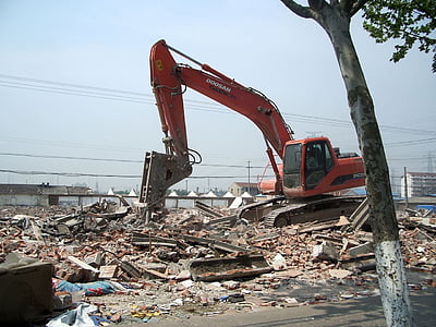 máquina escavadora, demolição, equipamentos pesados, demolir, entulho, local, destruição