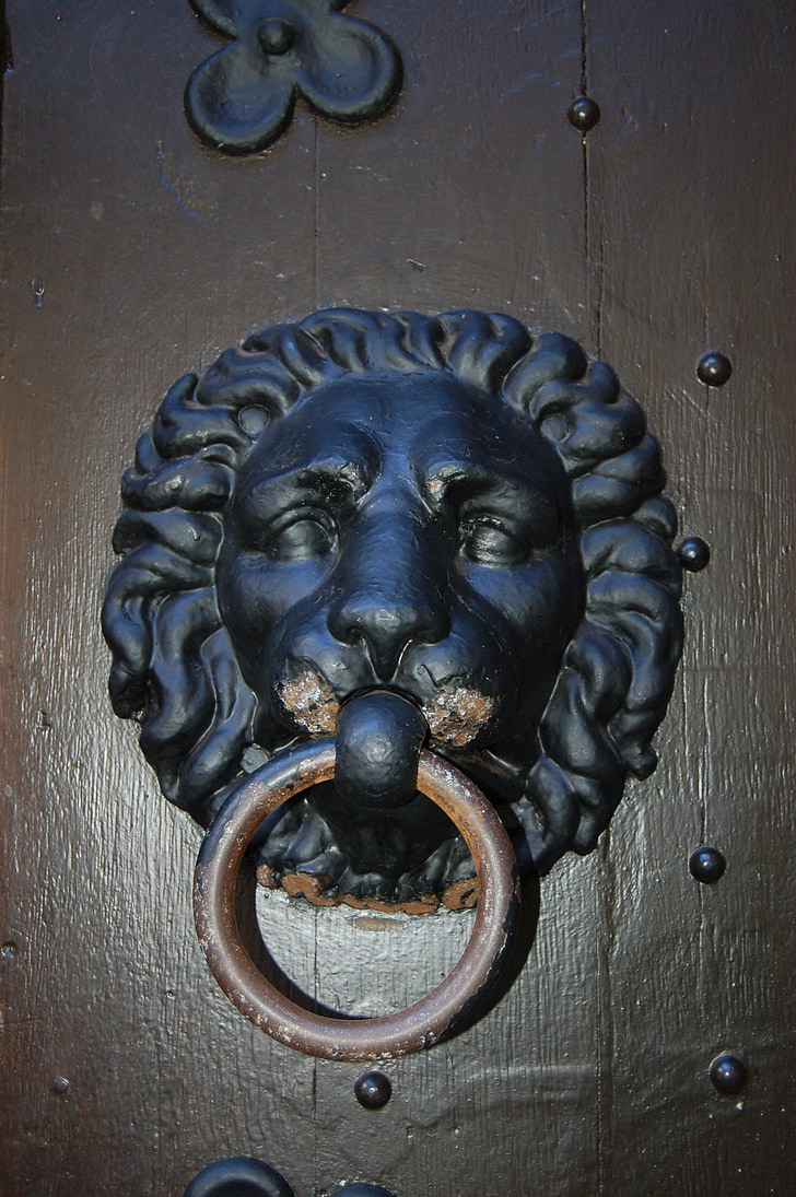 deur knocker, Leeuw, hout, metalen deur knowcker, houten deuren, ingang