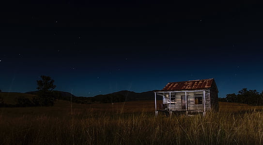 night, evening, cabin, shack, house, home, abandoned