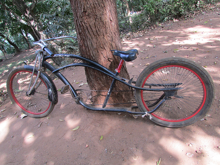 bicycle, bike, vintage, old, red, black, dandeli