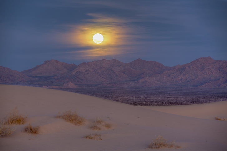 sanddynene, fjell, månen stige, kveld, natt, Cadiz sanddynene villmark, California