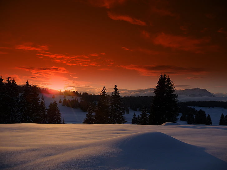 Luserna, Trentino, sníh, Západ slunce, Hora, Zimní, hory