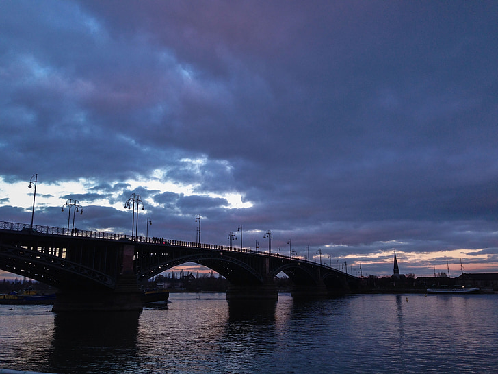 puesta de sol, puente, Maguncia, Río, abendstimmung, agua, cielo de la tarde
