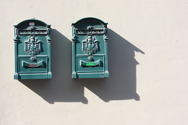 e-post, letterbox, grønn, vegg, skygge